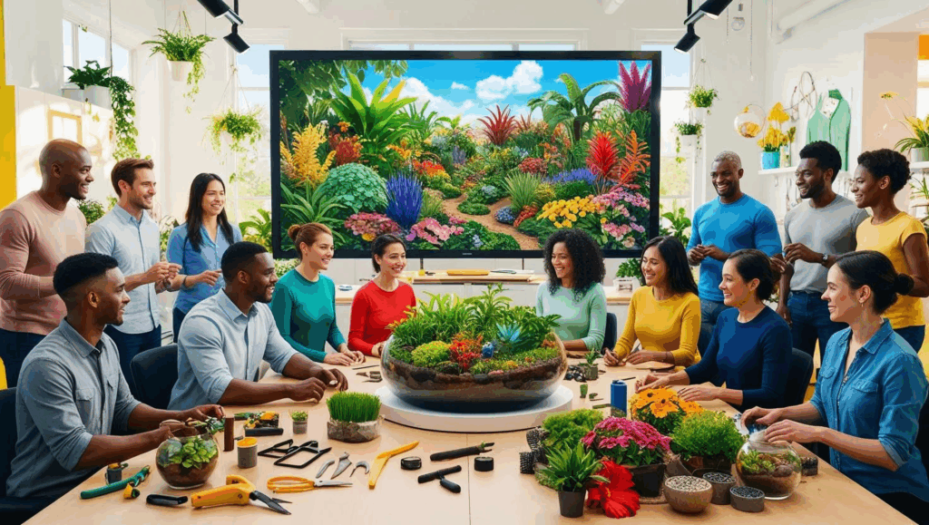 illustration créée par IA pour illustrer un atelier de création de terrarium en team building.